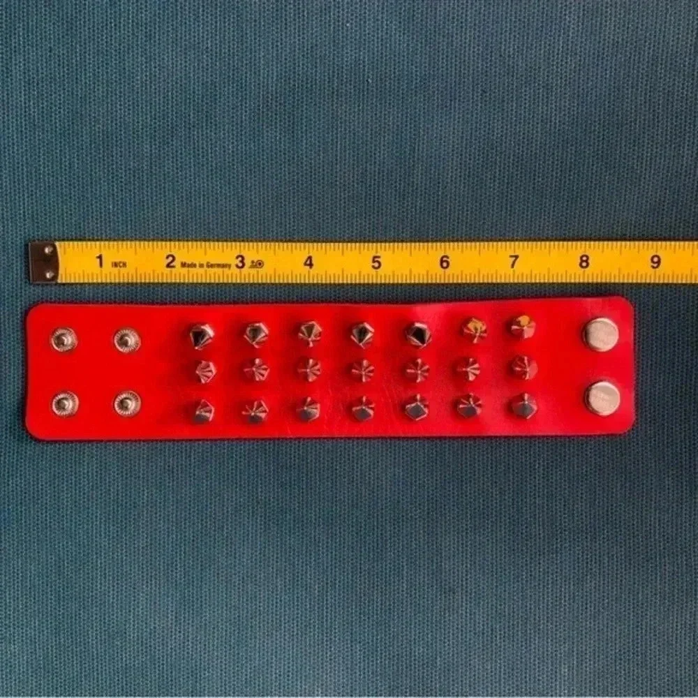 Red Leather Punk Goth Rock Triple Spike Metal Stud Snap Cuff Bracelet NWT